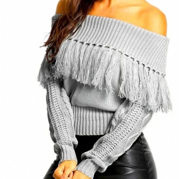SHEIN Sweaters - Shein | off shoulder Bardot fringe sweater